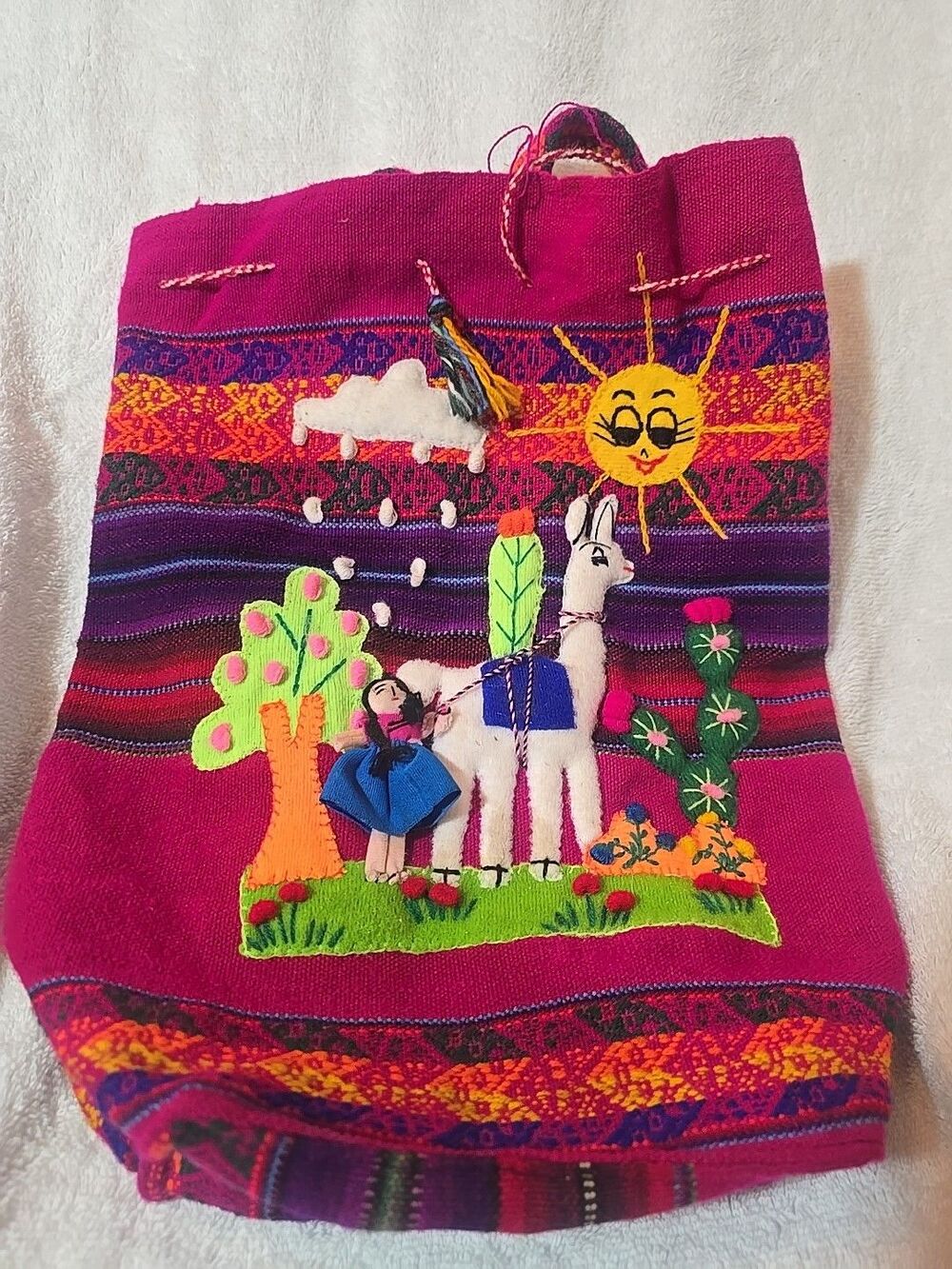 Inca Peruvian Small Backpack Embroidery Alpaca Girl Sun Woven Knapsack Purse Red